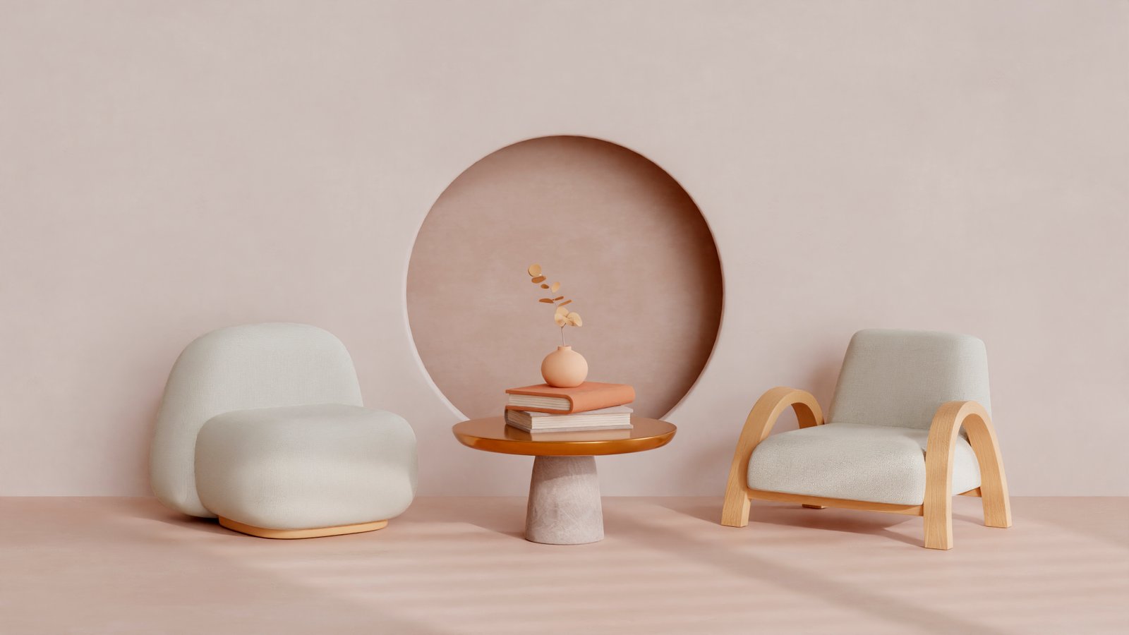 Soft minimalist room with two lounge chairs